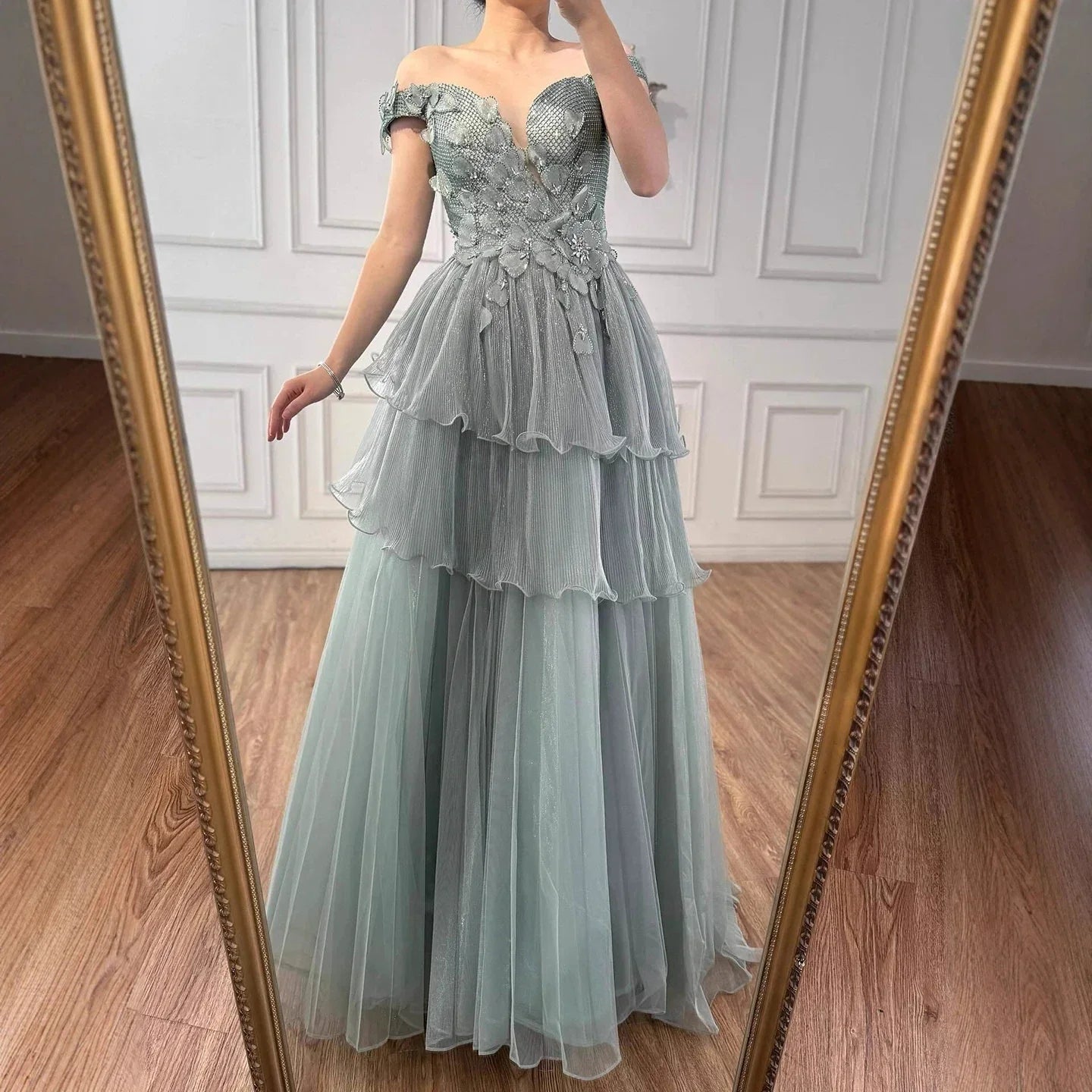 Luxury Pink Dreamy Ruffles Beaded A-Line Evening Dress LA73385