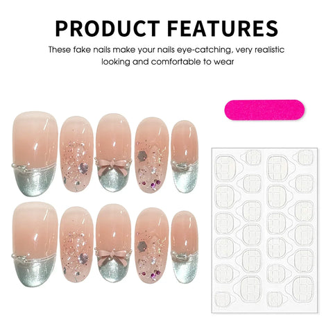 10pcs Flash Sequins Cat's Eye Press On Nails Sweet Almond Korean False Nail With Bows Pearl Decor Mint Green French Fake Nails