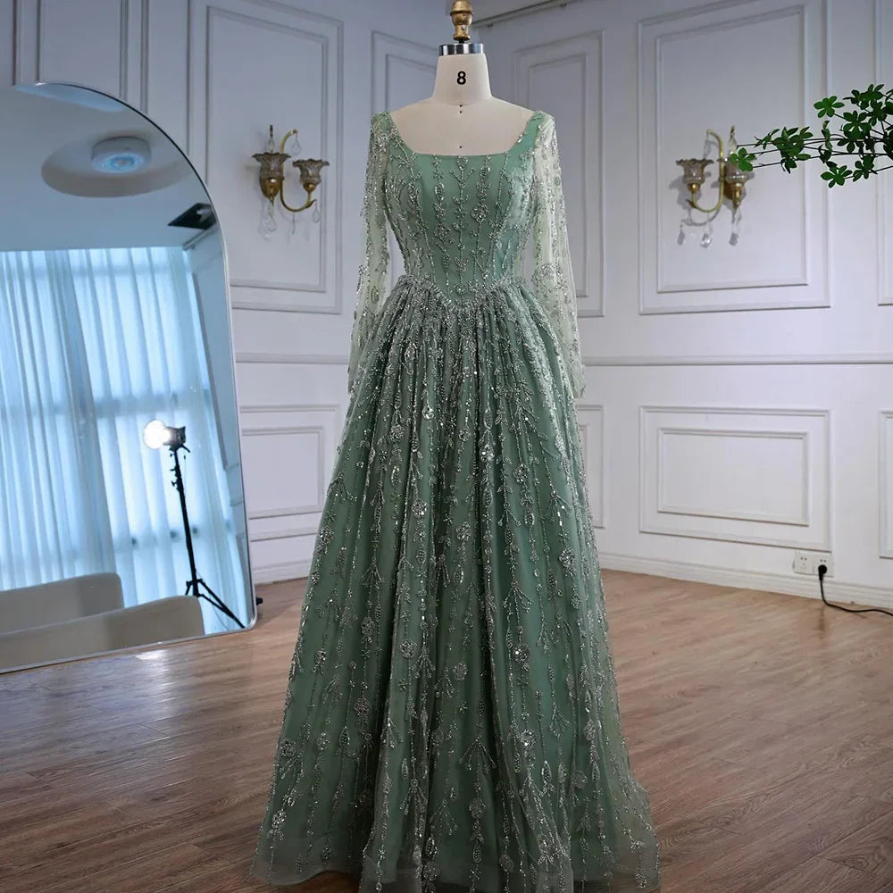 Vestido de Noche de Lujo Color Verde Salvia Bordado con Manga Larga