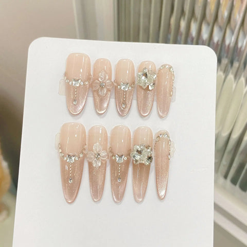 10pcs Long Almond Ballet False Nail Ice Transparent Cat Eye 3D Carving Flower Handmade Press on Nail Flash Rhinestone Fake Nails