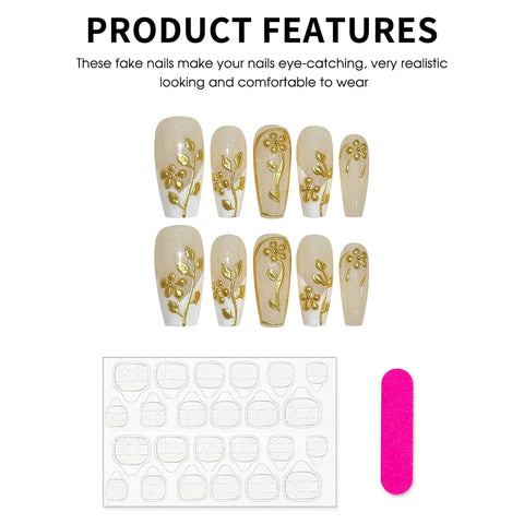 10pcs Handmade Autumn Press On Nails Mid-length Ladder Gold Foil Flower Tips Fake Nail White French Style False Nail For Women