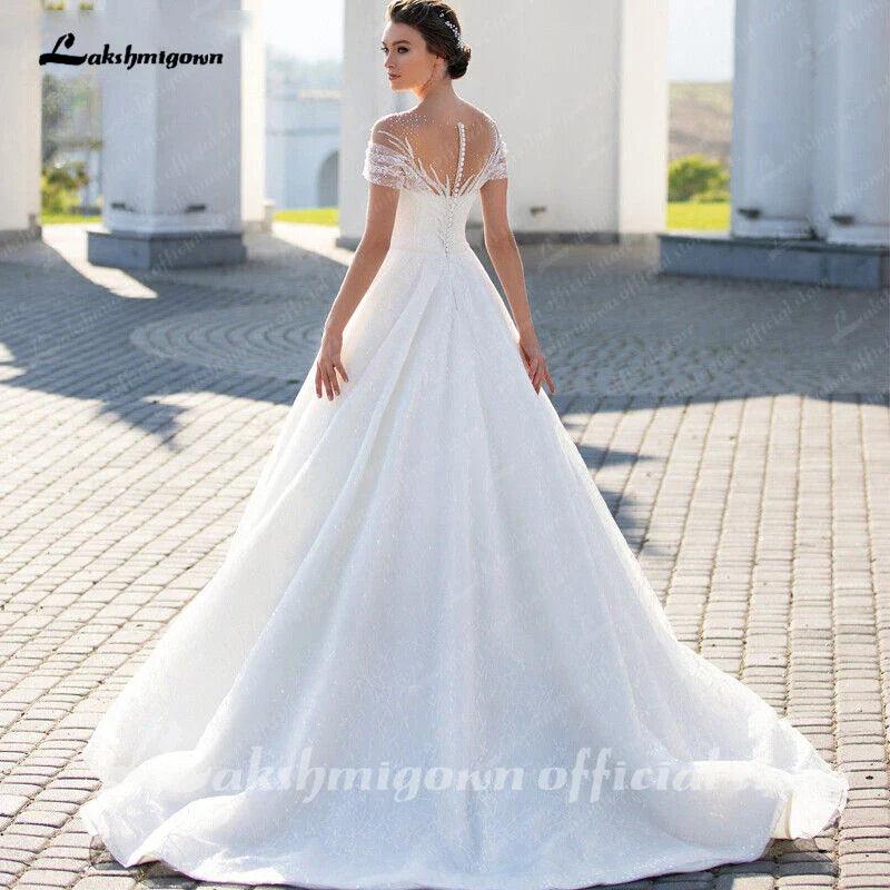 Vestido de novia NumberSea con hombros descubiertos, elegante vestido de novia de corte A con encaje brillante y pliegues ilusión, mangas cortas 
