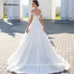 Vestido de novia NumberSea con hombros descubiertos, elegante vestido de novia de corte A con encaje brillante y pliegues ilusión, mangas cortas 