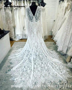 Vestidos de novia NumberSea 2025 con escote en V pronunciado, mangas largas, encaje, sirena, batas, sexy, estilo bohemio, para playa, sin espalda 