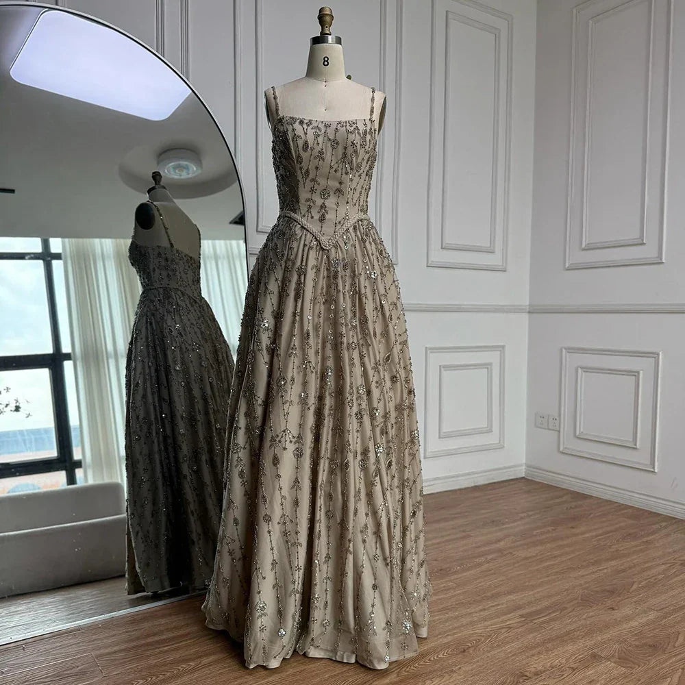 Luxury Sage Green Beaded A-Line Spaghetti Strap Evening Dress