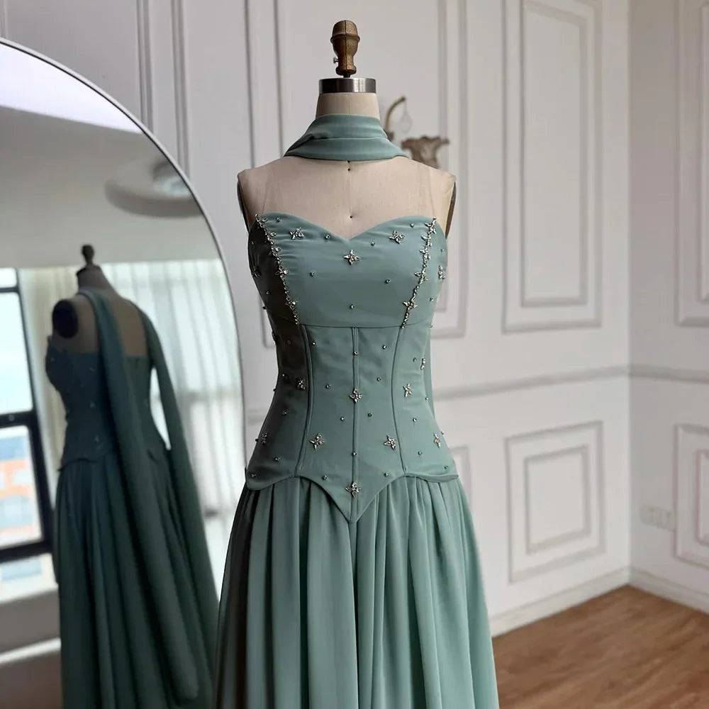 Elegante vestido de noche de chifón color verde salvia corte A