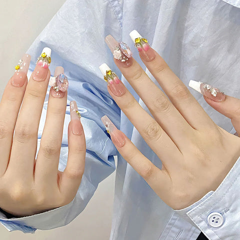 10pcs White French Handmade False Nails Gentle Pink Long Coffin Fake Nail Tips 3D Tulip Flower Glossy Diamond Press On Nails