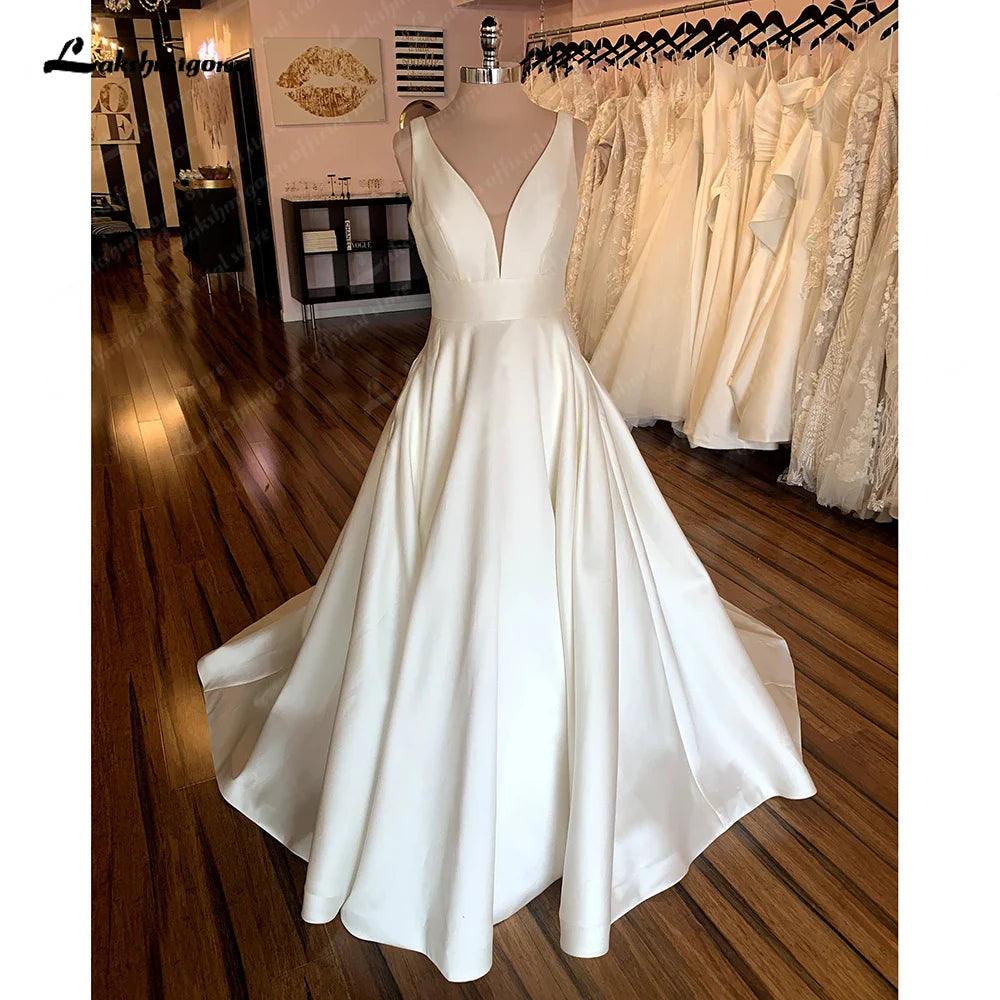 NumberSea - Vestidos de novia sencillos blancos de corte A, sin espalda, para playa, verano 2025, de satén, sexys, para novias 