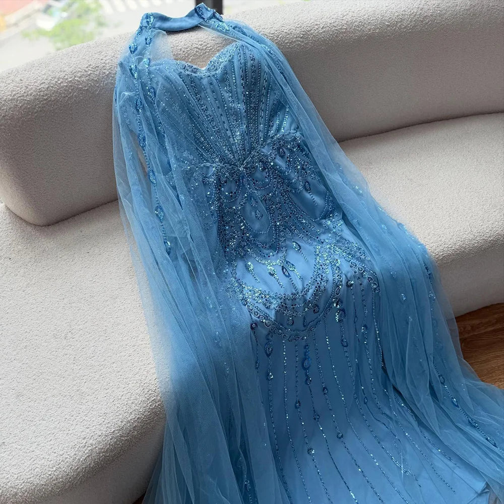 Luxury Blue Sequin Beaded Evening Dress with Cape Sleeves