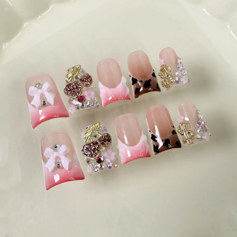 10pcs Handmade Press On Nails Ins Retro Style Goil Foil French Style False Nails Cherry Shape Diamond Duckbill Luxury Fake Nail