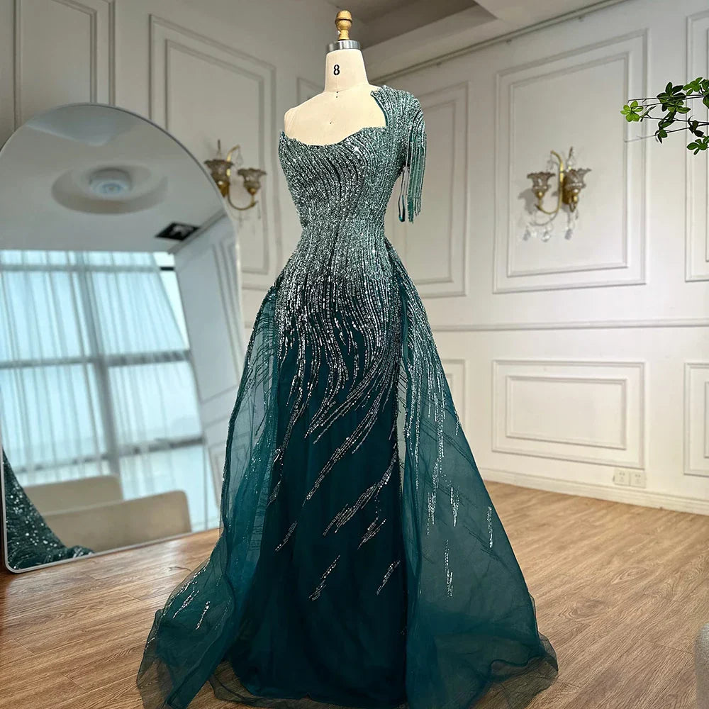 Luxury Green Evening Dress with Overskirt