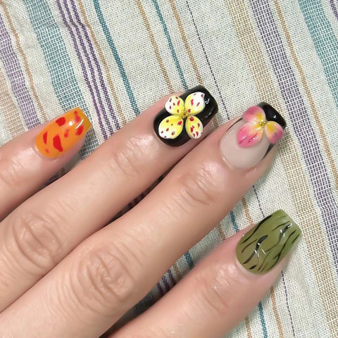 10pcs Handamde Press On Nails 3D Colorful Flower Designs False Nails Tips Glossy Short Square Wearable Summer Fake Nail Patches