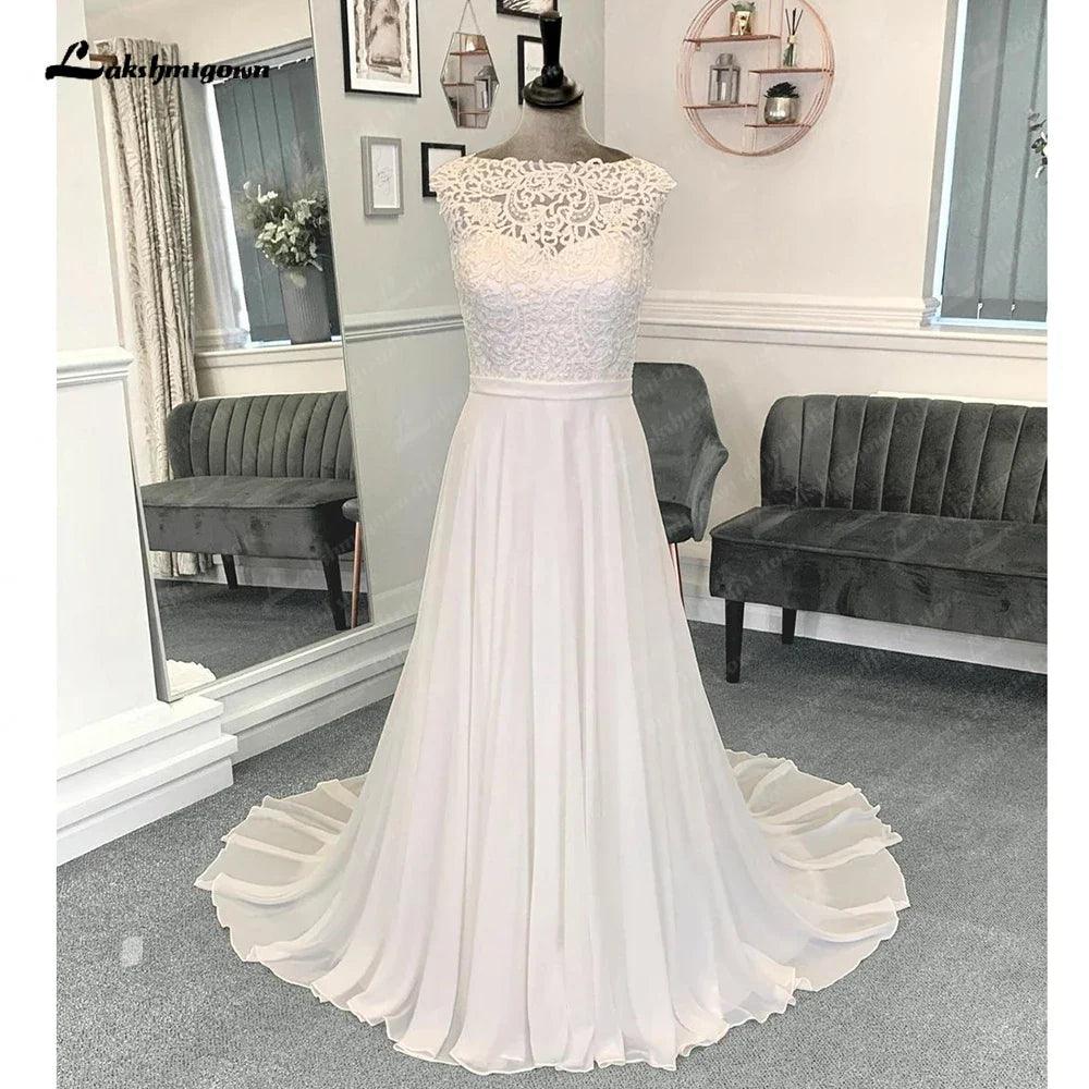 Vestido de novia NumberSea de gasa con encaje y escote barco para mujer, 2025, con espalda abierta 