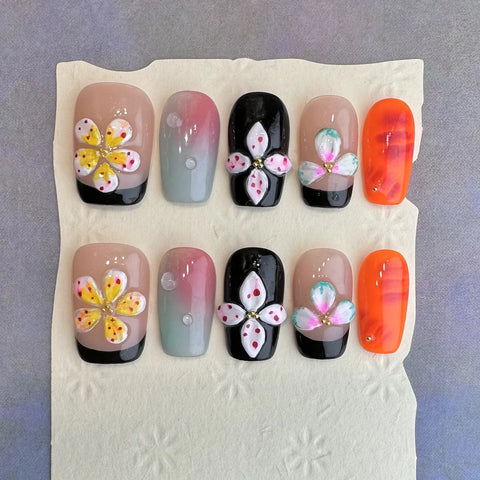 10pcs Handamde Press On Nails 3D Colorful Flower Designs False Nails Tips Glossy Short Square Wearable Summer Fake Nail Patches