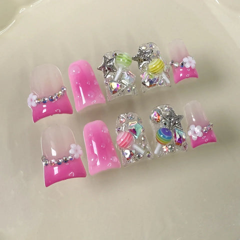 10pcs Fantasy Lollipop Wearable Fake Nails Gradient Pink French Style Y2k Star Diamond Press On Nails Sweet Duckbill False Nail