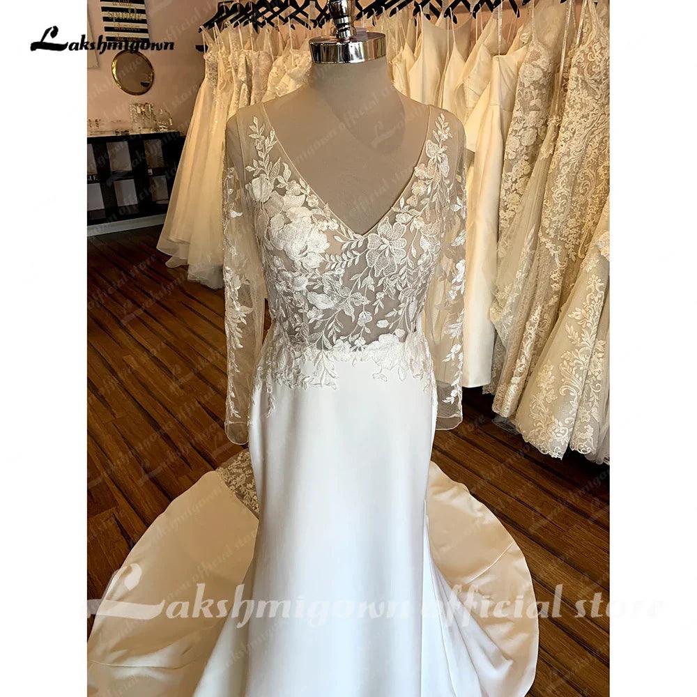 NumberSea - Vestido de novia bohemio de manga larga con encaje vintage 2025, vestido de novia sexy de satén suave con espalda descubierta 