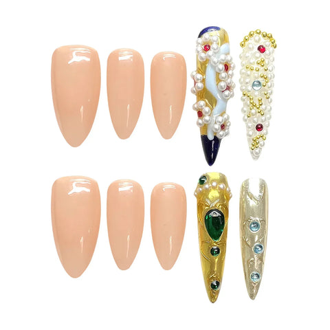 10pcs Handmade Press On Nails Chinese VIntage Court Style False Nails Almond And Long Pointed Luxury Artificial Fake Nail Patch