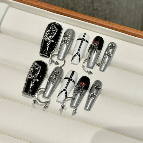 10pcs Punk Style Handmade Fake Nails Y2k Black Sliver Metal Chain Decors Press On Nails Medium Coffin Detachable Manicure Art