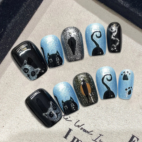 10 uñas postizas brillantes en azul y negro, hechas a mano, cortas, cuadradas, con diseño de gato, pintadas a mano. 