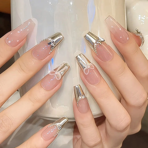 10pcs Handmade French Tips False Nail Medium Length Coffin Fake Nails Metal Butterfly Pearl Bowknots Designs Press On Nails