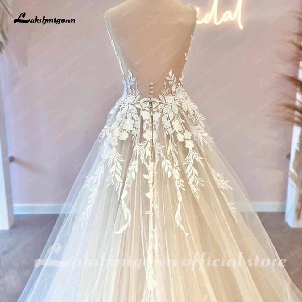 Vestidos de novia de encaje floral de princesa NumberSea para mujer, color champán, estilo bohemio, con cola de corte 