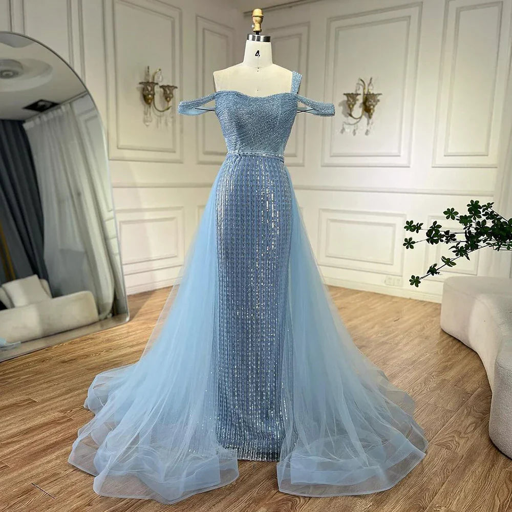 Serene Hill Gold Meerjungfrau Elegant One Shoulder Überrock Perlen Luxus Abendkleider Roben 2025 für Damen Hochzeitsfeier