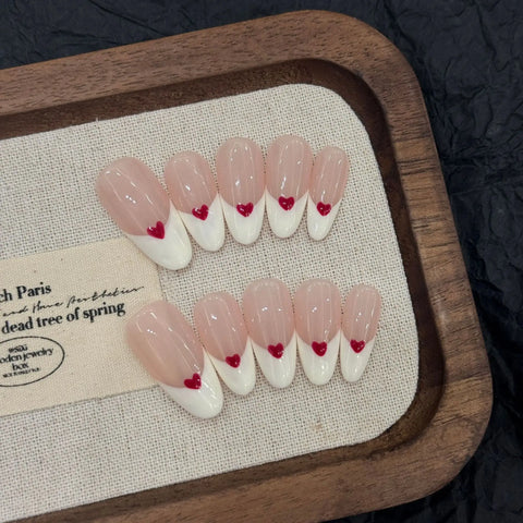 10pcs White Edge French Style Press On Nails Simple Red Love Heart Designs Handmade False Nails Sweet Almond Fake Nail For Girls