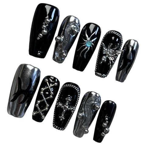 10pcs Punk Style Handmade Fake Nails Y2k Black Sliver Metal Chain Decors Press On Nails Medium Coffin Detachable Manicure Art