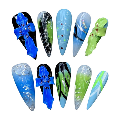 10pcs Sweet Cool Handmade False Nails Y2k Long Stiletto Blue 3D Carved Flower Press On Nails Hawaiian Style Summer Fake Nail