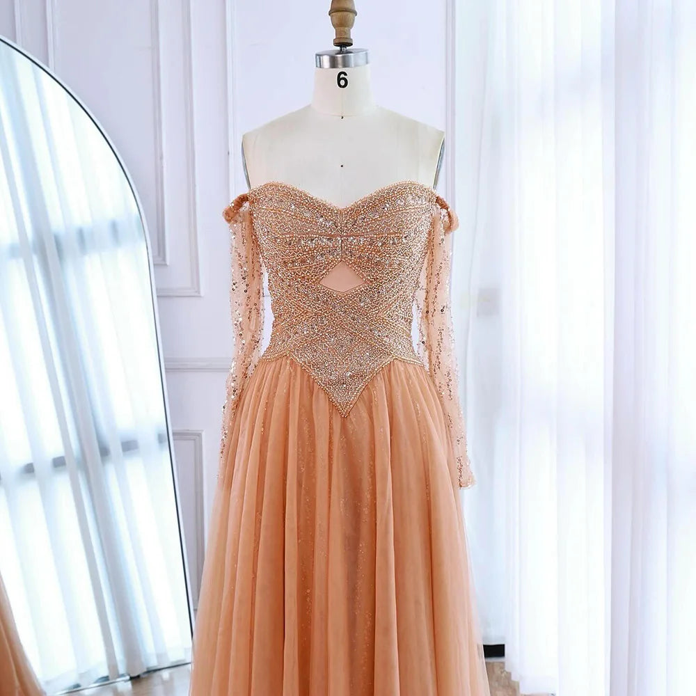 Luxuriöses schulterfreies A-Linien Abendkleid mit Perlen
