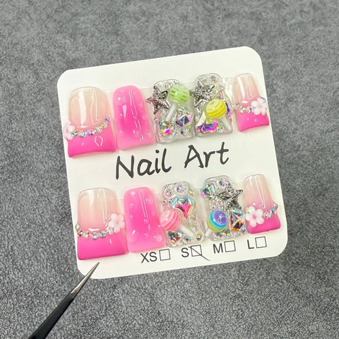 10pcs Fantasy Lollipop Wearable Fake Nails Gradient Pink French Style Y2k Star Diamond Press On Nails Sweet Duckbill False Nail