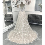 NumberSea Vintage Champagne Full Lace Boho Wedding Dress  Vestidos Noivas V Neck Sexy Bridal Wedding Gowns Open Back