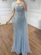Vestido de Noche de Lujo Azul Diamante con Capa