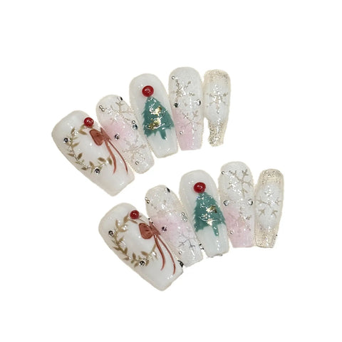 10pcs Handmade Christmas Press On Nails Glossy White Silver Snowflake Xmas Tree Bows Design False Nails Gentle Wearable Manicure