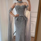 Luxury Gray Beaded Off-Shoulder Evening Dress with Cape Sleeves