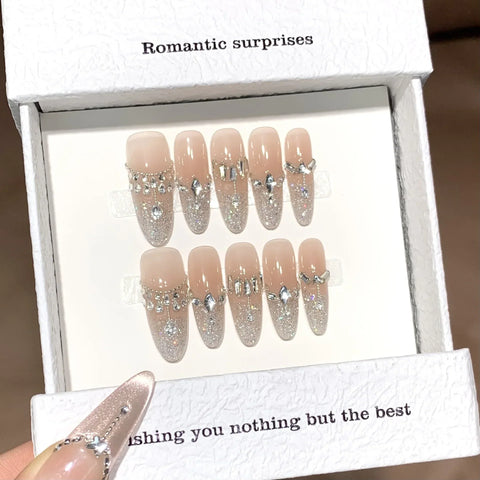 10pcs Flash Sequins French Tip Press On Nails Blush Long Almond Glitter Diamond Decor Handmade Fake Nail Light Luxury False Nail