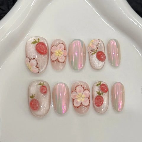 10pcs Sweet Short Oval Fake Nail Patches Hand-painted 3D Pink Strawberry Flower Press On Nails Spring Summer Fresh Handmade Nail