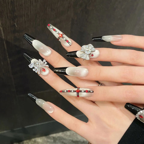 10pcs Spicy Girl Wearable Fake Nails Handmade Bulb Cat's Eye Black French Style False Nail Shiny Rhinetone Press On Nails Coffin