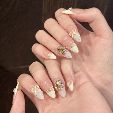 10pcs Cream Yellow French Style False Nail Summer Sequins Bowknots Rhinestone Decor Handmade Press On Nails Gentle Almond Nail