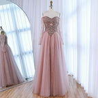 Luxuriöses schulterfreies A-Linien Abendkleid mit Perlen