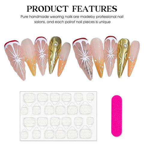 10pcs Handmade Press On Nails 3D Simulation Sweet Orange Designs False Nail Patches Reusable Long Stiletto Fake Nails Salon Art
