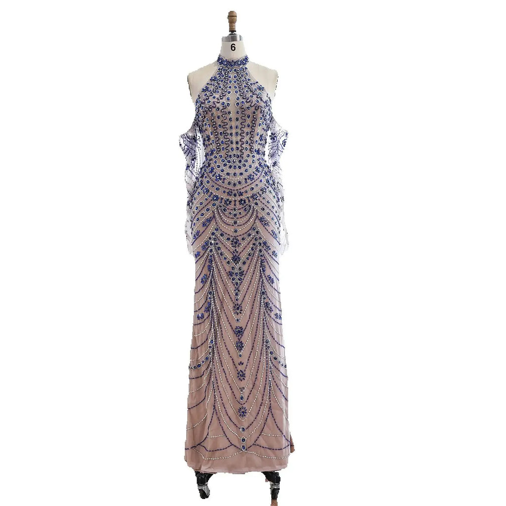 Vestido de noche azul de lujo Kosovo con guantes