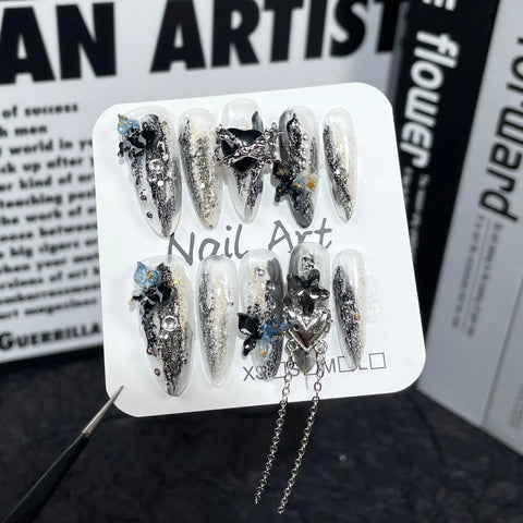 10pcs Handmade Press On Nails Smudging Black Butterfly Shiny Seuquins Designs False Nail Y2k Sweet Cool Long Almond Fake Nails