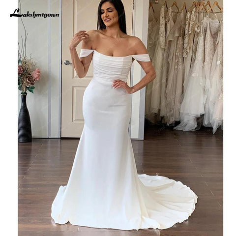 NumberSea Simple Pleat Mermaid Wedding Dresses 2025 Boat Neck Backless Boho Bridal Gown off white vestido de boda