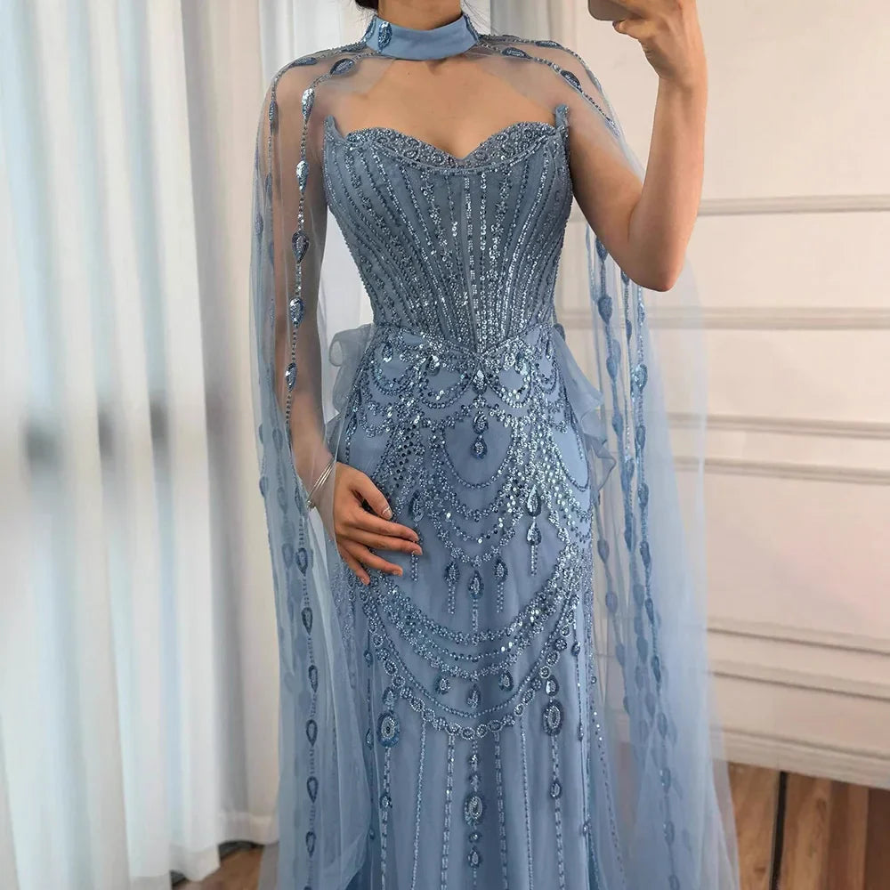 Luxury Blue Sequin Beaded Evening Dress with Cape Sleeves