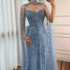 Luxury Blue Sequin Beaded Evening Dress with Cape Sleeves