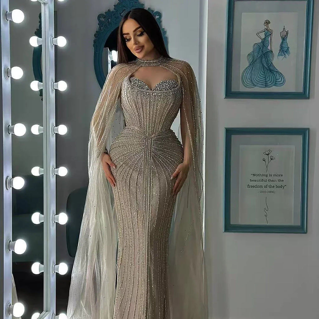 Vestido de Noche de Lujo con Capa y Cuentas de Caramelo de Dubái LA72811C