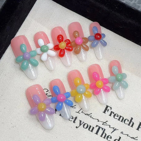 10 Stück Handgemachte gelbe Plumeria Press On Nails Farbverlauf Mintgrün Französischer Stil Falsche Nägel Lange Ballerina Tragbare Sommernägel 