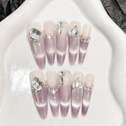 10pcs Purple French Style Fake Nail Patches Handmade Long Stiletto Press On Nails Glitter Rhinestone Designs Korean False Nail