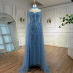 Luxury Blue Sequin Beaded Evening Dress with Cape Sleeves